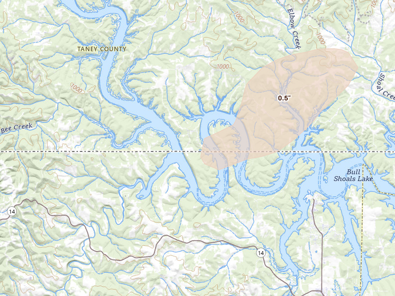 Radar-estimated hail-size map of the storm over Cedarcreek, MO on Aug 7, 2026