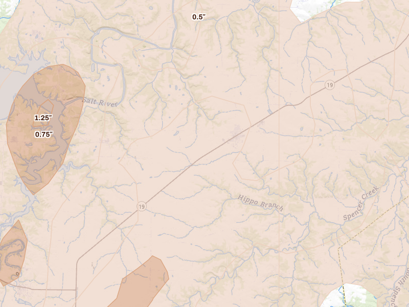 Radar-estimated hail-size map of the storm over Center, MO on Apr 27, 2026
