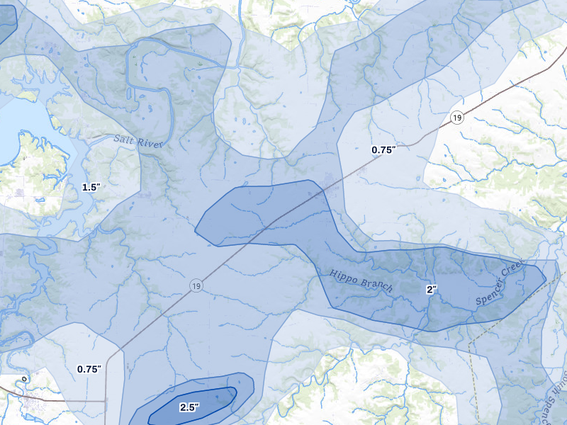NEXRAD radar-signature map of the hail over Center, MO
