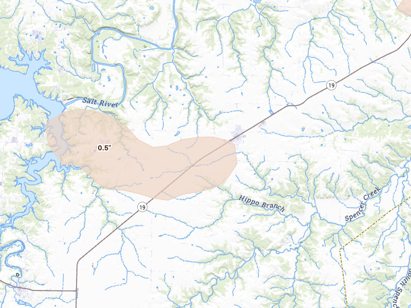Radar-estimated hail-size map of the storm over Center, MO on May 4, 2026