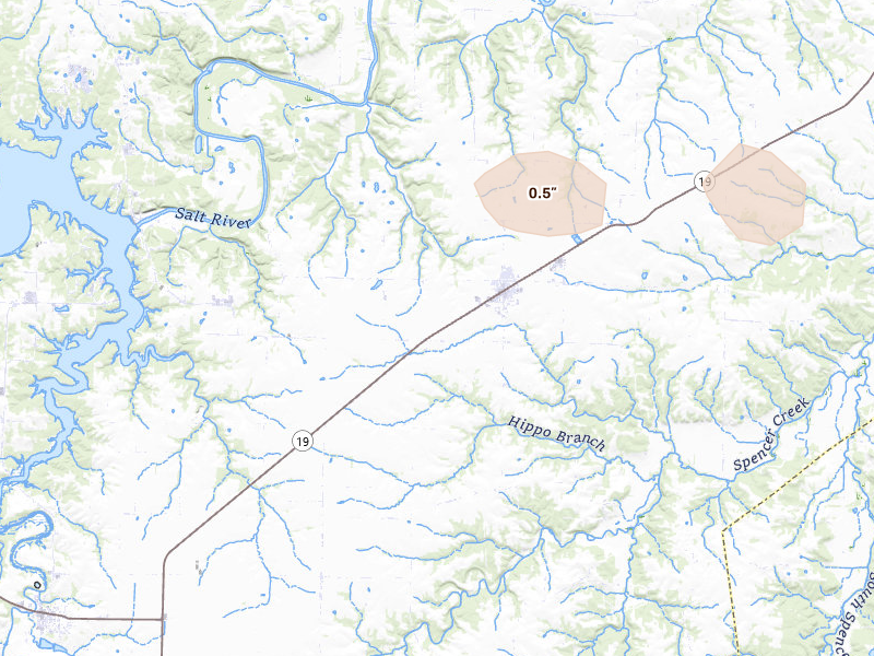 Radar-estimated hail-size map of the storm over Center, MO on May 14, 2026
