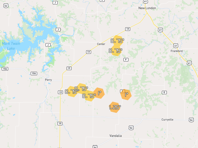 Hail map of Center, MO on Jun 1, 2026, hail up to 1.25"