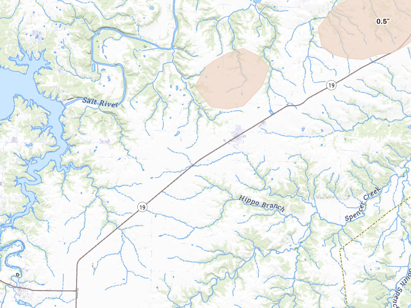 Radar-estimated hail-size map of the storm over Center, MO on Jun 11, 2026