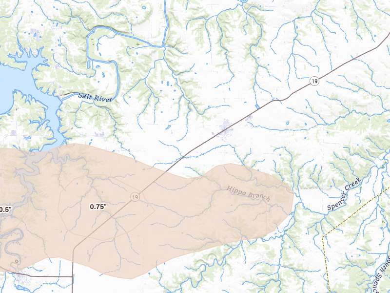 Radar-estimated hail-size map of the storm over Center, MO on Jun 17, 2026