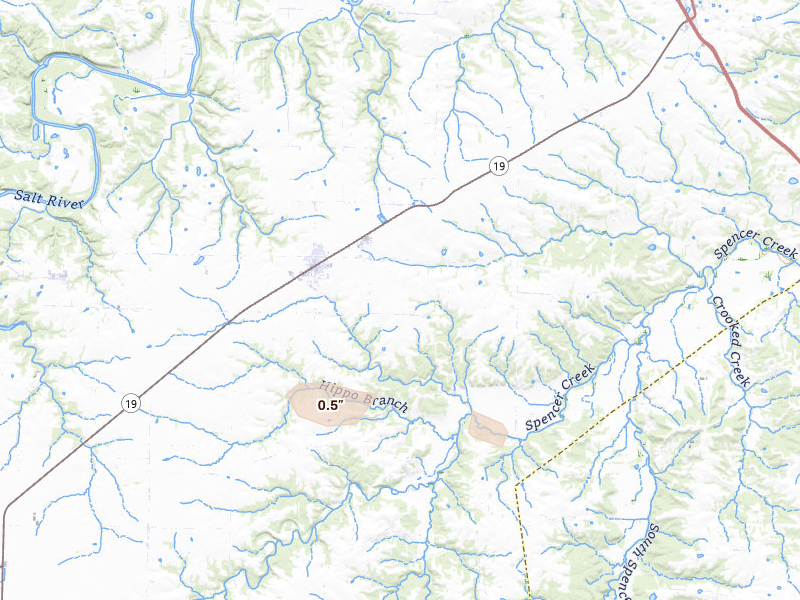 Radar-estimated hail-size map of the storm over Center, MO on Aug 16, 2026