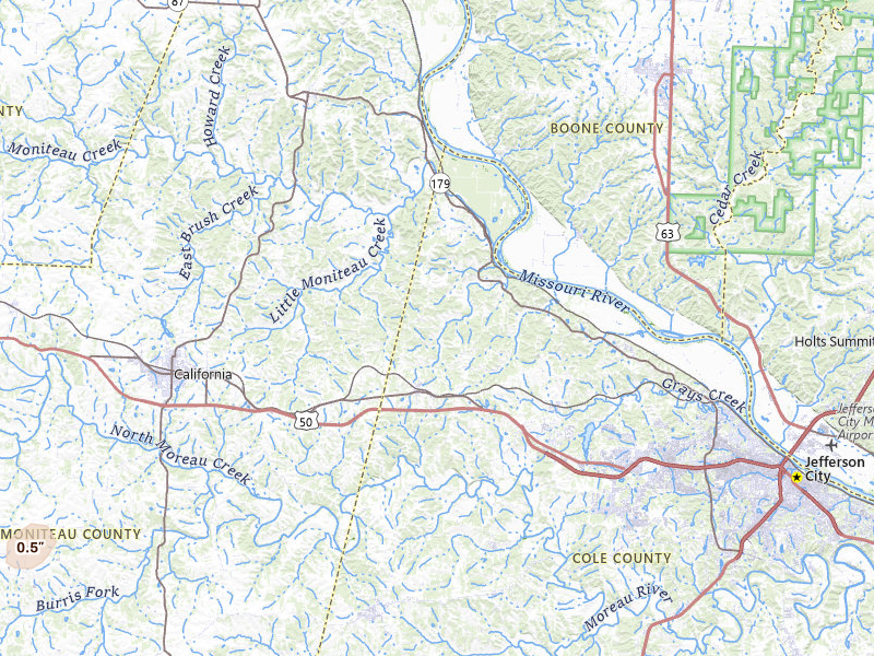 Radar-estimated hail-size map of the storm over Centertown, MO on Apr 26, 2026