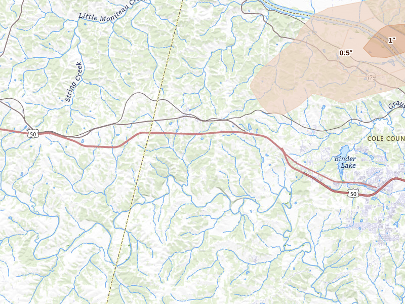 Radar-estimated hail-size map of the storm over Centertown, MO on Apr 27, 2026
