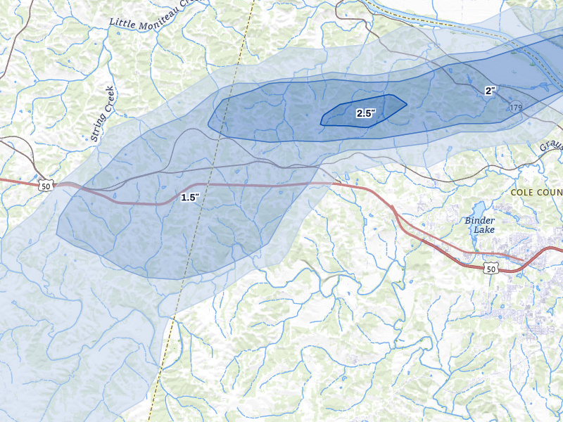 NEXRAD radar-signature map of the hail over Centertown, MO