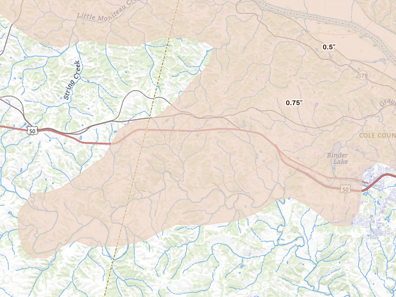 Radar-estimated hail-size map of the storm over Centertown, MO on May 31, 2026