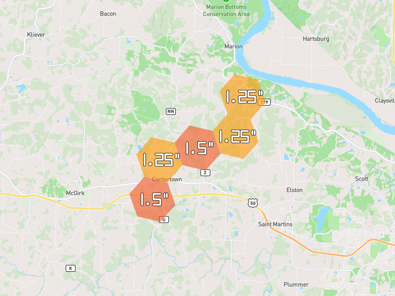 Hail map of Centertown, MO on Jun 1, 2026, hail up to 1.5"
