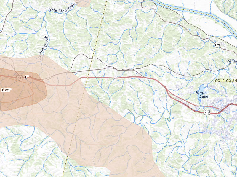 Radar-estimated hail-size map of the storm over Centertown, MO on Jul 9, 2026