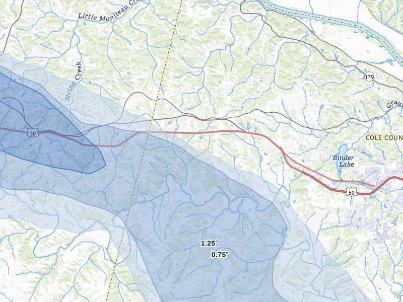 NEXRAD radar-signature map of the hail storm over Centertown, MO on Jul 9, 2026