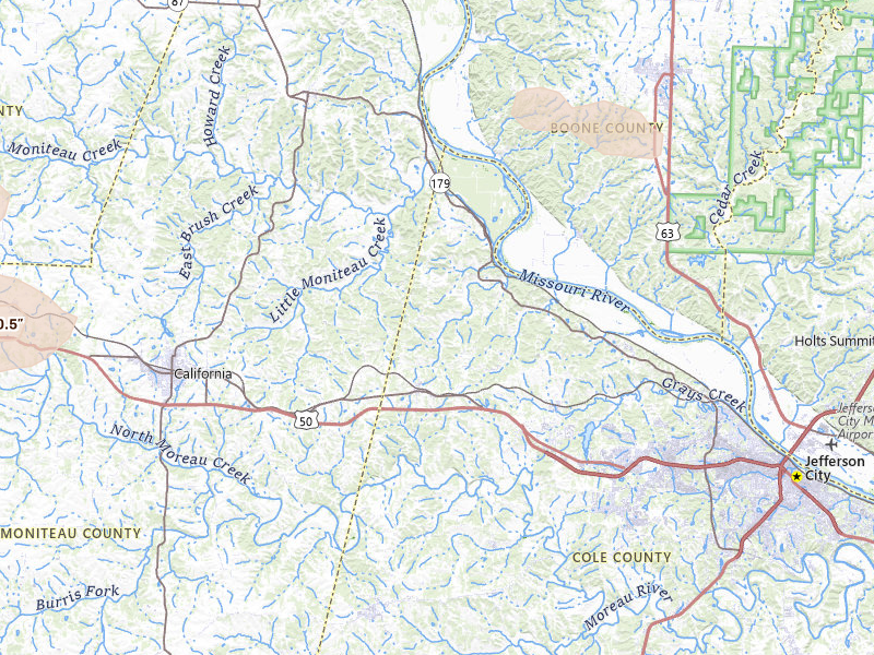 Radar-estimated hail-size map of the storm over Centertown, MO on Jul 10, 2026