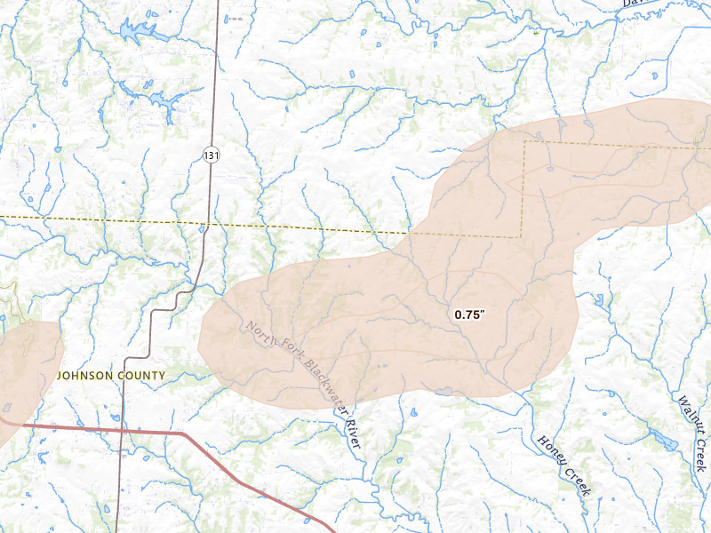 Radar-estimated hail-size map of the storm over Centerview, MO on Apr 17, 2026