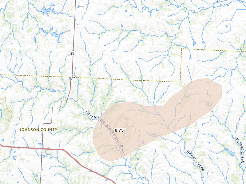 Radar-estimated hail-size map of the storm over Centerview, MO on Apr 27, 2026
