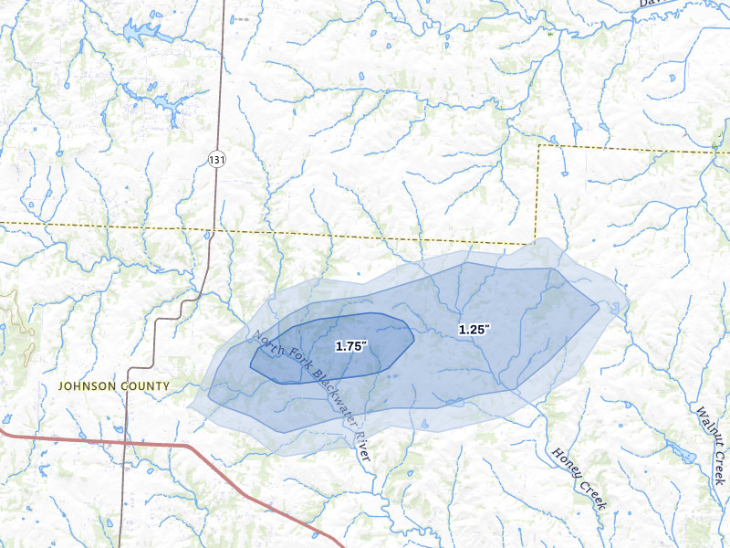 NEXRAD radar-signature map of the hail over Centerview, MO