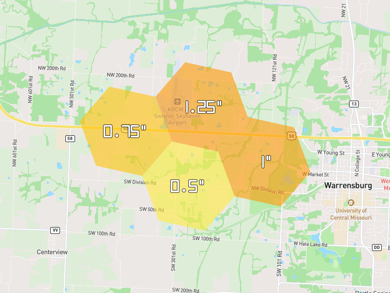 Hail map of Centerview, MO on Jun 1, 2026, hail up to 1.25"