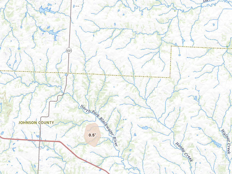 Radar-estimated hail-size map of the storm over Centerview, MO on Jul 9, 2026