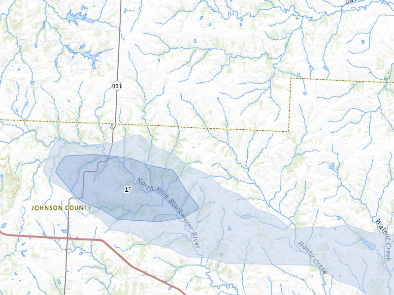 NEXRAD radar-signature map of the hail storm over Centerview, MO on Jul 9, 2026
