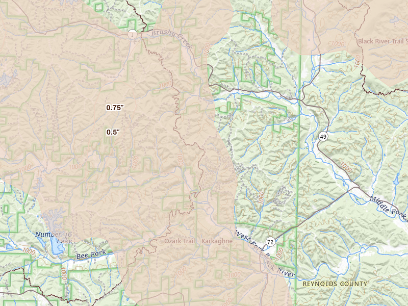 Radar-estimated hail-size map of the storm over Centerville, MO on Jul 9, 2026