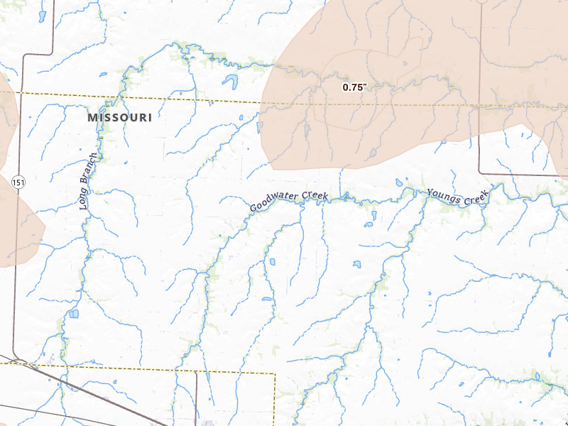 Radar-estimated hail-size map of the storm over Centralia, MO on May 31, 2026