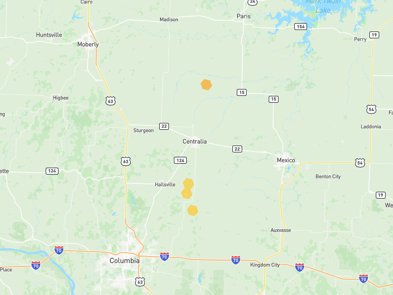 Hail map of Centralia, MO on Jun 1, 2026, hail up to 1"