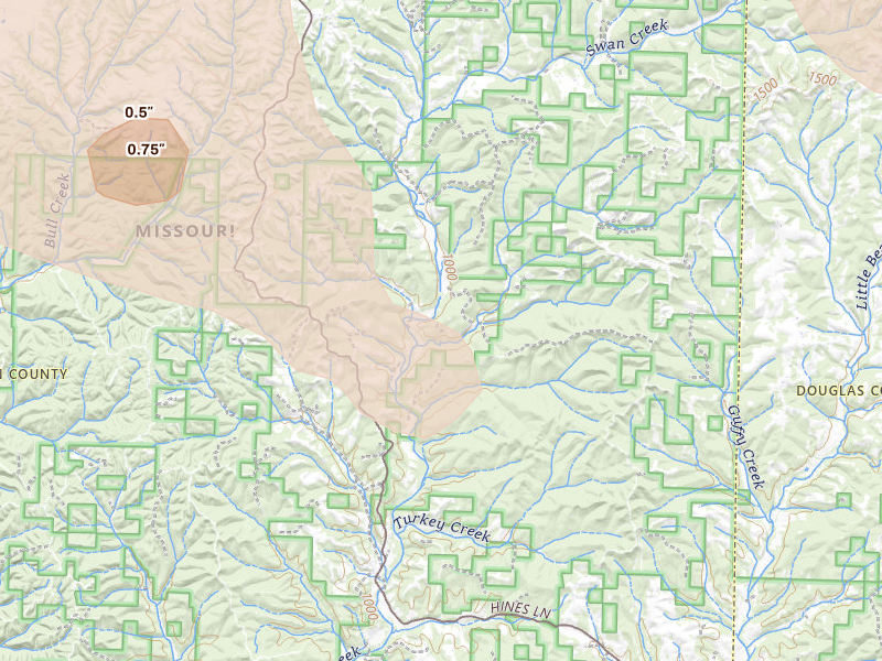 Radar-estimated hail-size map of the storm over Chadwick, MO on Aug 6, 2026