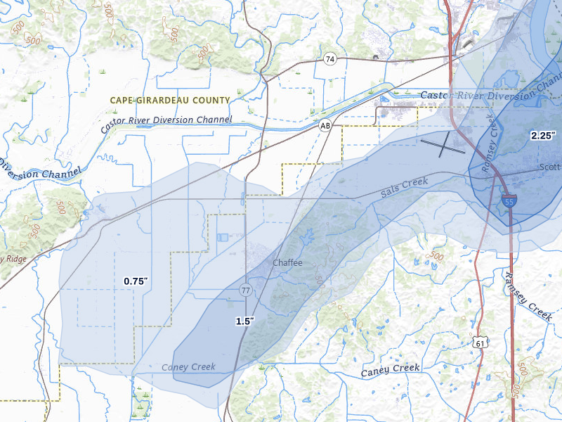NEXRAD radar-signature map of the hail over Chaffee, MO