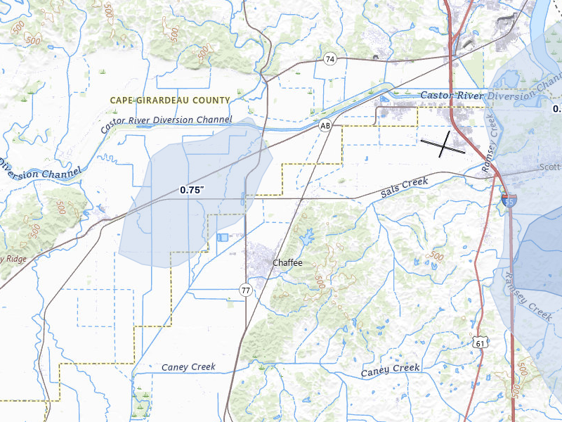 NEXRAD radar-signature map of the hail over Chaffee, MO