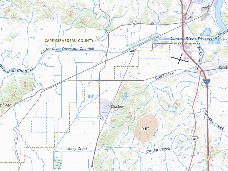 Radar-estimated hail-size map of the storm over Chaffee, MO on Jun 8, 2026