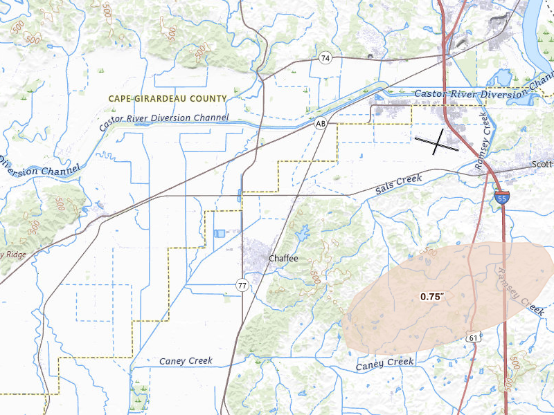 Radar-estimated hail-size map of the storm over Chaffee, MO on Jun 26, 2026