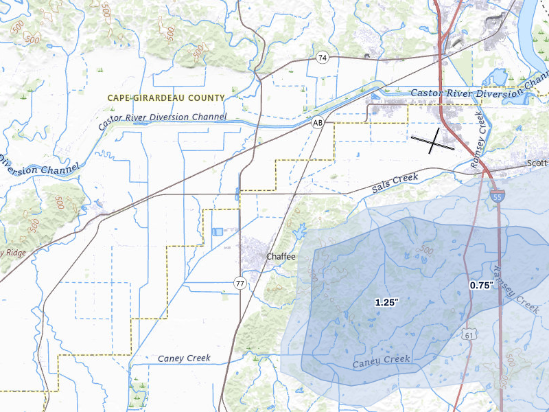 NEXRAD radar-signature map of the hail storm over Chaffee, MO on Jun 26, 2026