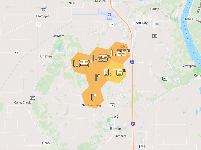 Hail map of Chaffee, MO on Jun 26, 2026, hail up to 1.25"