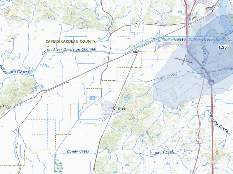 NEXRAD radar-signature map of the hail storm over Chaffee, MO on Jun 27, 2026