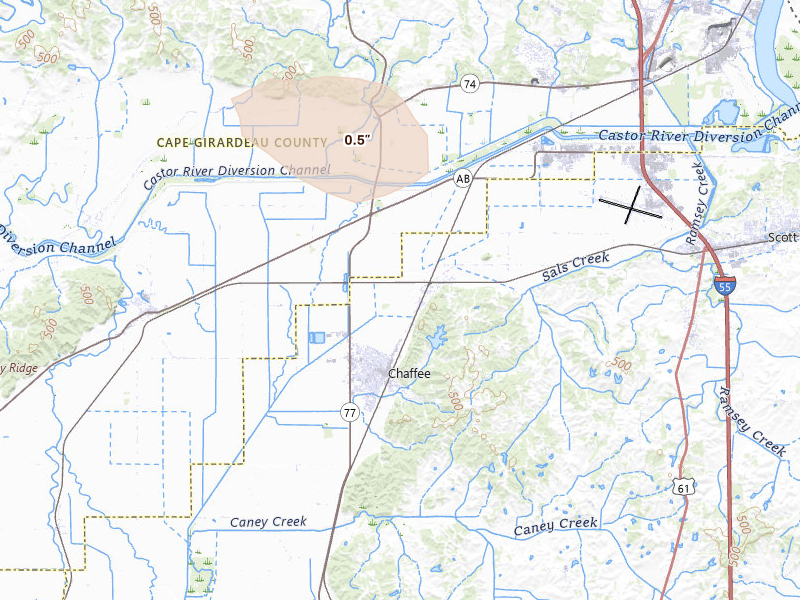 Radar-estimated hail-size map of the storm over Chaffee, MO on Jul 9, 2026