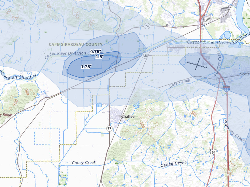 NEXRAD radar-signature map of the hail storm over Chaffee, MO on Jul 9, 2026