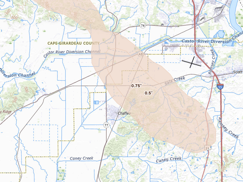 Radar-estimated hail-size map of the storm over Chaffee, MO on Jul 21, 2026