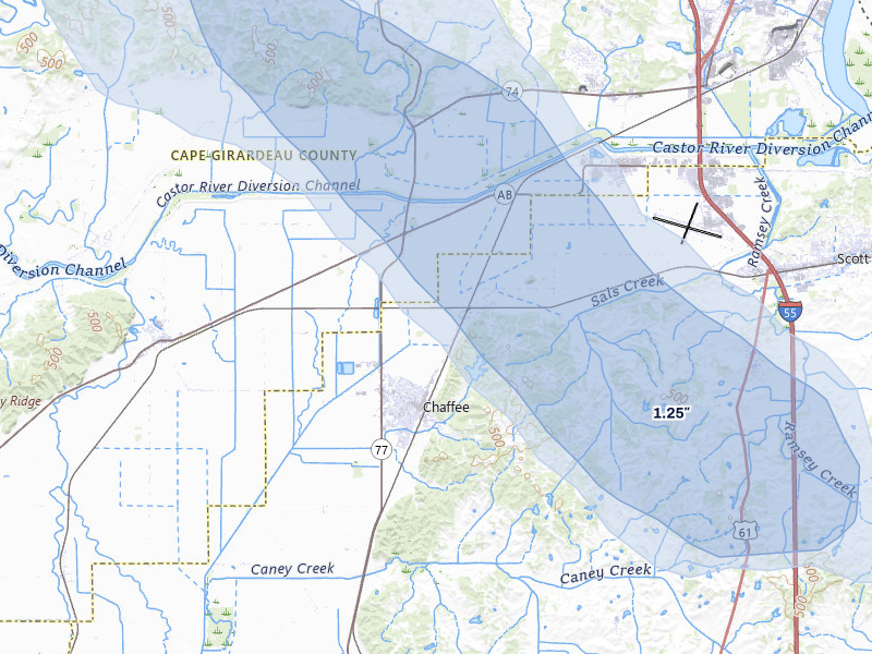 NEXRAD radar-signature map of the hail over Chaffee, MO