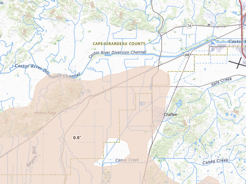 Radar-estimated hail-size map of the storm over Chaffee, MO on Aug 19, 2026