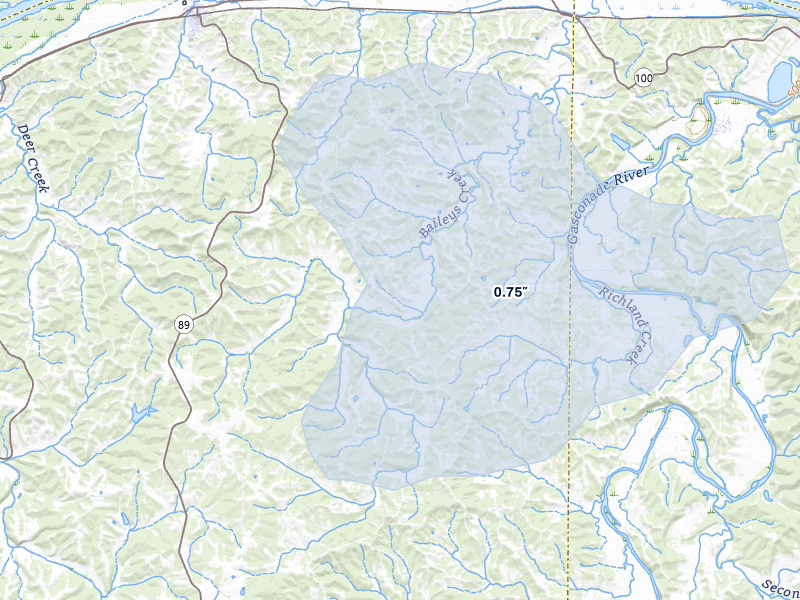 NEXRAD radar-signature map of the hail over Chamois, MO