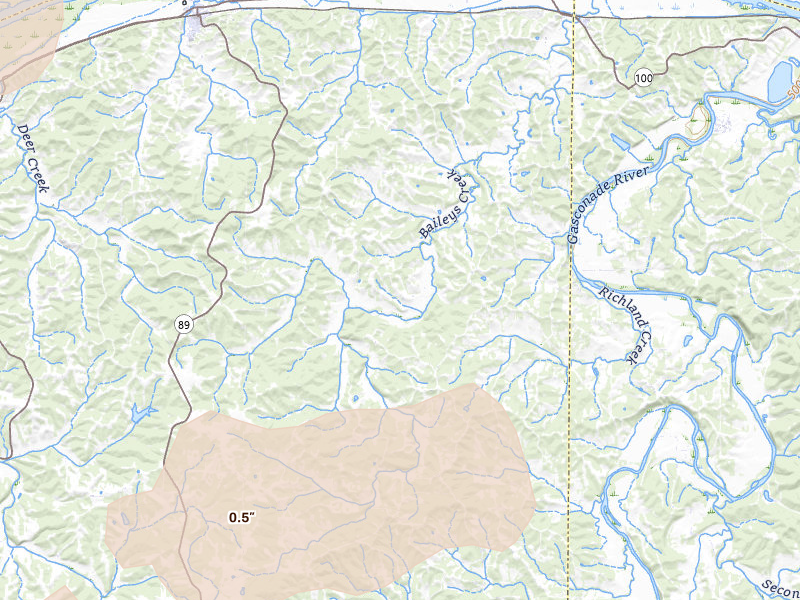 Radar-estimated hail-size map of the storm over Chamois, MO on May 31, 2026