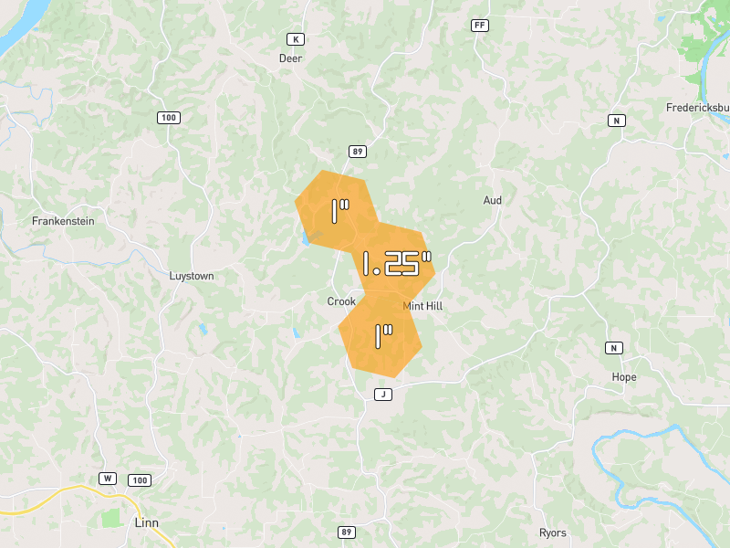 Hail map of Chamois, MO on Jun 1, 2026, hail up to 1.25"