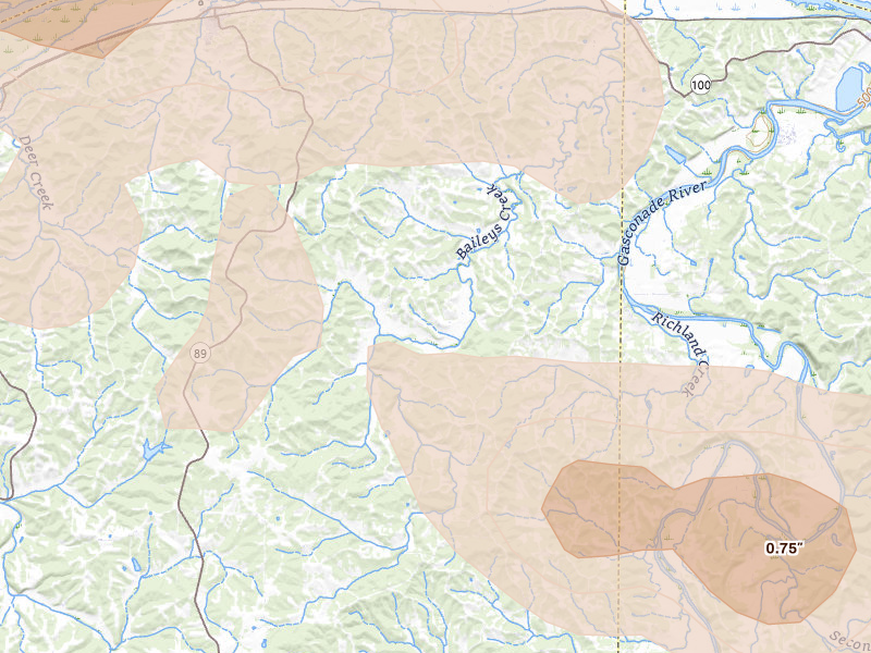 Radar-estimated hail-size map of the storm over Chamois, MO on Jul 31, 2026