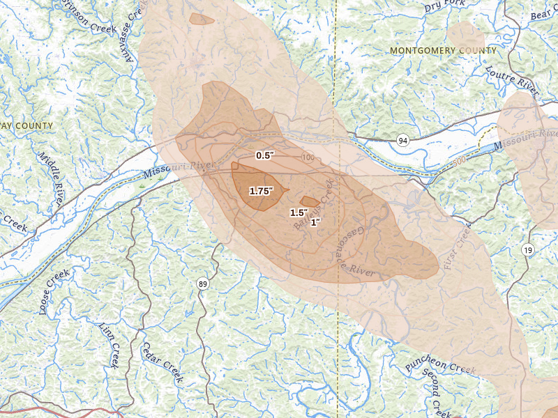 Radar-estimated hail-size map of the storm over Chamois, MO on Aug 12, 2026