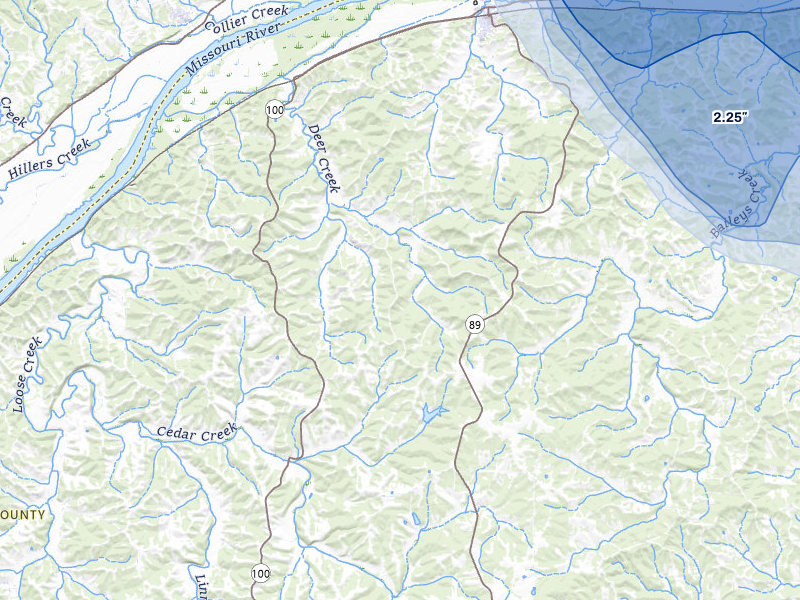NEXRAD radar-signature map of the hail storm over Chamois, MO on Aug 12, 2026