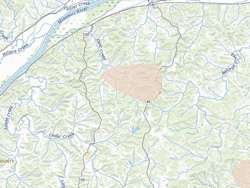Radar-estimated hail-size map of the storm over Chamois, MO on Aug 16, 2026