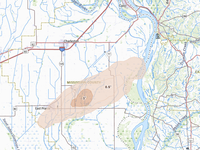 Radar-estimated hail-size map of the storm over Charleston, MO on Mar 4, 2026
