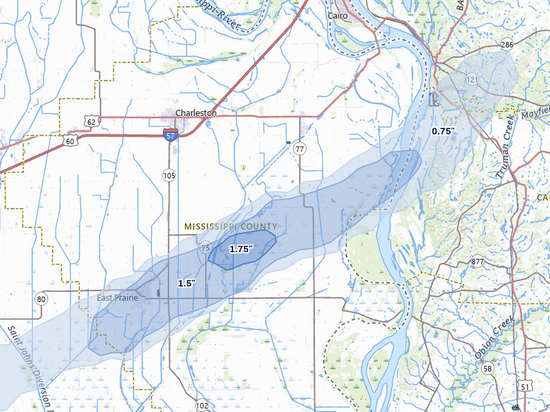 NEXRAD radar-signature map of the hail storm over Charleston, MO on Mar 4, 2026