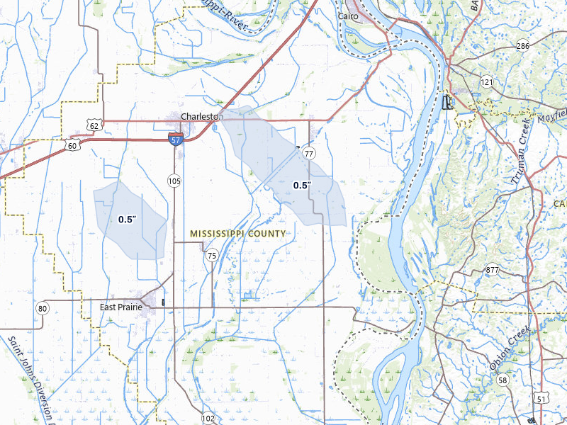 NEXRAD radar-signature map of the hail over Charleston, MO