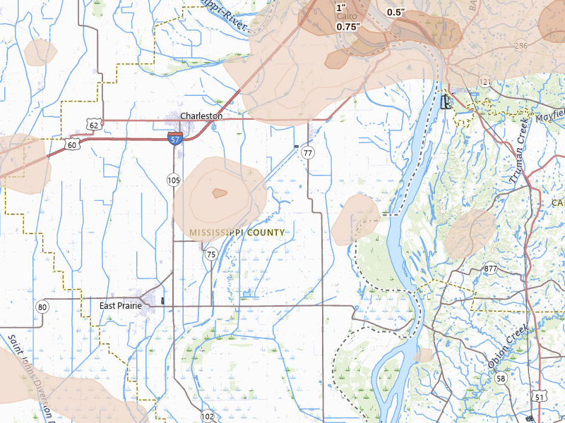 Radar-estimated hail-size map of the storm over Charleston, MO on Apr 16, 2026